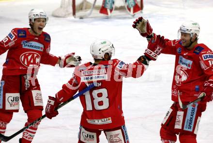EBEL. Eishockey Bundesliga. KAC gegen	HCB Suedtirol Alperia. Torjubel Matthew Fraser, Thomas Koch, Paul Postma (KAC). Klagenfurt, am 17.1.2021.
Foto: Kuess
www.qspictures.net

---
pressefotos, pressefotografie, kuess, qs, qspictures, sport, bild, bilder, bilddatenbank