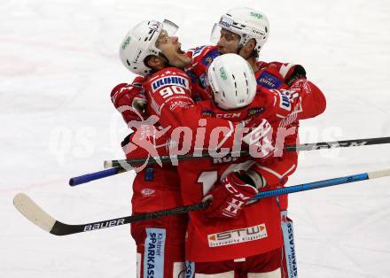 EBEL. Eishockey Bundesliga. KAC gegen	HCB Suedtirol Alperia. Torjubel Matthew Fraser, Thomas Koch, Paul Postma (KAC). Klagenfurt, am 17.1.2021.
Foto: Kuess
www.qspictures.net

---
pressefotos, pressefotografie, kuess, qs, qspictures, sport, bild, bilder, bilddatenbank