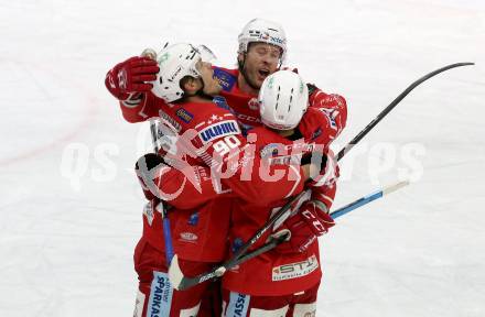 EBEL. Eishockey Bundesliga. KAC gegen	HCB Suedtirol Alperia. Torjubel Matthew Fraser, Thomas Koch, Paul Postma (KAC). Klagenfurt, am 17.1.2021.
Foto: Kuess
www.qspictures.net

---
pressefotos, pressefotografie, kuess, qs, qspictures, sport, bild, bilder, bilddatenbank