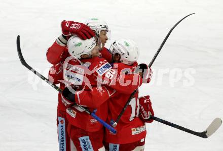 EBEL. Eishockey Bundesliga. KAC gegen	HCB Suedtirol Alperia. Torjubel Matthew Fraser, Thomas Koch, Paul Postma (KAC). Klagenfurt, am 17.1.2021.
Foto: Kuess
www.qspictures.net

---
pressefotos, pressefotografie, kuess, qs, qspictures, sport, bild, bilder, bilddatenbank