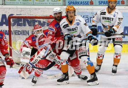 EBEL. Eishockey Bundesliga. KAC gegen	Black Wings 1992 Linz. Sebastian Dahm, Martin Schumnig, (KAC), Dennis Yan, Andrew Jacob Kozek  (Linz). Klagenfurt, am 24.1.2021.
Foto: Kuess
www.qspictures.net

---
pressefotos, pressefotografie, kuess, qs, qspictures, sport, bild, bilder, bilddatenbank