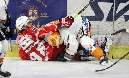 EBEL. Eishockey Bundesliga. KAC gegen	Black Wings 1992 Linz. Daniel Obersteiner,  (KAC), Marco Brucker (Linz). Klagenfurt, am 24.1.2021.
Foto: Kuess
www.qspictures.net

---
pressefotos, pressefotografie, kuess, qs, qspictures, sport, bild, bilder, bilddatenbank