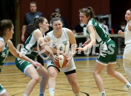 Basketball Damen Superliga 2020/2021. Grunddurchgang 4. Runde.  KOS Celovec Damen gegen  UBI Graz.  Lena Weissenbrunner (KOS Celovec),  Josefine Meyer , Camilla Neumann (Graz). Klagenfurt, am 26.1.2021.
Foto: Kuess
www.qspictures.net

---
pressefotos, pressefotografie, kuess, qs, qspictures, sport, bild, bilder, bilddatenbank