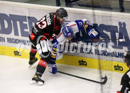 EBEL. Eishockey Bundesliga. VSV gegen Bratislava Capitals. Sahir Gill,   (VSV),  David Boldizar (Bratislava). Villach, am 29.1.2021.
Foto: Kuess
www.qspictures.net
---
pressefotos, pressefotografie, kuess, qs, qspictures, sport, bild, bilder, bilddatenbank