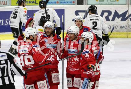 EBEL. Eishockey Bundesliga. KAC gegen	Dornbirner EC. Torjubel Matthew Fraser, Lukas Haudum,  Paul Postma, Thomas Koch, Clemens Unterweger (KAC). Klagenfurt, am 31.1.2021.
Foto: Kuess
www.qspictures.net

---
pressefotos, pressefotografie, kuess, qs, qspictures, sport, bild, bilder, bilddatenbank