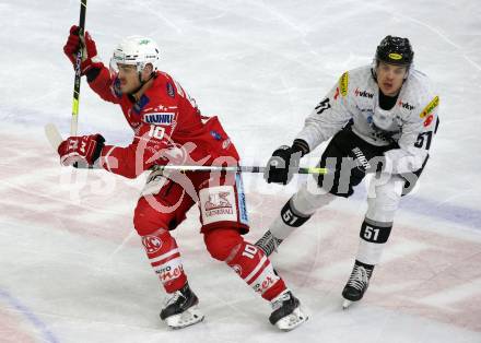 EBEL. Eishockey Bundesliga. KAC gegen	Dornbirner EC.  Thomas Vallant, (KAC), Daniel Woger  (Dornbirn). Klagenfurt, am 31.1.2021.
Foto: Kuess
www.qspictures.net

---
pressefotos, pressefotografie, kuess, qs, qspictures, sport, bild, bilder, bilddatenbank