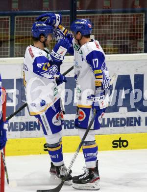 EBEL. Eishockey Bundesliga. VSV gegen Vienna Capitals.  Torjubel Renars Krastenbergs, Scott Kosmachuk (VSV). Villach, am 2.2.2021.
Foto: Kuess
www.qspictures.net
---
pressefotos, pressefotografie, kuess, qs, qspictures, sport, bild, bilder, bilddatenbank