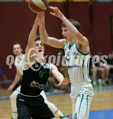 Basketball Zweite Liga 2020/2021. Grunddurchgang 18. Runde. KOS Celovec gegen Union Deutsch Wagram Alligators. Samuel Seher (KOS Celovec),  Simon Marek  (Union Deutsch Wagram Alligators). Klagenfurt, am 6.2.2021.
Foto: Kuess
www.qspictures.net

---
pressefotos, pressefotografie, kuess, qs, qspictures, sport, bild, bilder, bilddatenbank