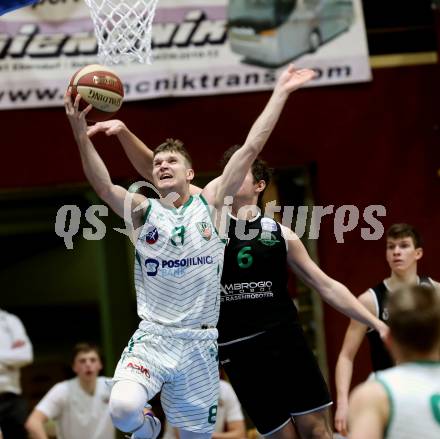 Basketball Zweite Liga 2020/2021. Grunddurchgang 18. Runde. KOS Celovec gegen Union Deutsch Wagram Alligators. Jernej Heine Andolsek (KOS Celovec), Daniel Schuch (Union Deutsch Wagram Alligators). Klagenfurt, am 6.2.2021.
Foto: Kuess
www.qspictures.net

---
pressefotos, pressefotografie, kuess, qs, qspictures, sport, bild, bilder, bilddatenbank