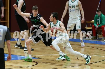 Basketball Zweite Liga 2020/2021. Grunddurchgang 18. Runde. KOS Celovec gegen Union Deutsch Wagram Alligators. Anze Kos (KOS Celovec), Janis Tomaschek (Union Deutsch Wagram Alligators). Klagenfurt, am 6.2.2021.
Foto: Kuess
www.qspictures.net

---
pressefotos, pressefotografie, kuess, qs, qspictures, sport, bild, bilder, bilddatenbank
