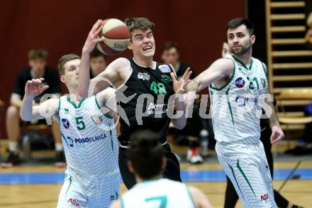 Basketball Zweite Liga 2020/2021. Grunddurchgang 18. Runde. KOS Celovec gegen Union Deutsch Wagram Alligators. Andi Smrtnik, Marin Sliskovic (KOS Celovec), Martin Wustinger (Union Deutsch Wagram Alligators). Klagenfurt, am 6.2.2021.
Foto: Kuess
www.qspictures.net

---
pressefotos, pressefotografie, kuess, qs, qspictures, sport, bild, bilder, bilddatenbank