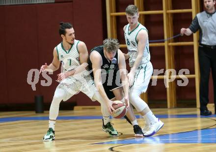 Basketball Zweite Liga 2020/2021. Grunddurchgang 18. Runde. KOS Celovec gegen Union Deutsch Wagram Alligators. Anze Kos, Jernej Heine Andolsek (KOS Celovec), Mark Laurencik  (Union Deutsch Wagram Alligators). Klagenfurt, am 6.2.2021.
Foto: Kuess
www.qspictures.net

---
pressefotos, pressefotografie, kuess, qs, qspictures, sport, bild, bilder, bilddatenbank