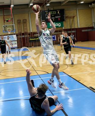 Basketball Zweite Liga 2020/2021. Grunddurchgang 18. Runde. KOS Celovec gegen Union Deutsch Wagram Alligators. Lovro Fizuleto (KOS Celovec),  Mark Laurencik (Union Deutsch Wagram Alligators). Klagenfurt, am 6.2.2021.
Foto: Kuess
www.qspictures.net

---
pressefotos, pressefotografie, kuess, qs, qspictures, sport, bild, bilder, bilddatenbank