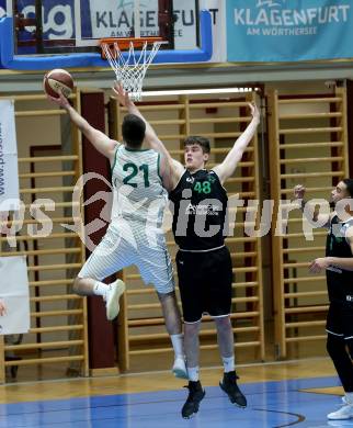 Basketball Zweite Liga 2020/2021. Grunddurchgang 18. Runde. KOS Celovec gegen Union Deutsch Wagram Alligators. Marin Sliskovic (KOS Celovec),  Martin Wustinger  (Union Deutsch Wagram Alligators). Klagenfurt, am 6.2.2021.
Foto: Kuess
www.qspictures.net

---
pressefotos, pressefotografie, kuess, qs, qspictures, sport, bild, bilder, bilddatenbank