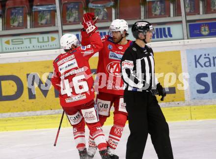 EBEL. Eishockey Bundesliga. KAC gegen	Fehervar AV19. Torjubel Bischofberger Johannes, Hundertpfund Thomas,  (KAC). Klagenfurt, am 7.2.2021.
Foto: Kuess
www.qspictures.net

---
pressefotos, pressefotografie, kuess, qs, qspictures, sport, bild, bilder, bilddatenbank