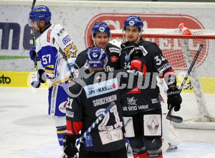 EBEL. Eishockey Bundesliga. VSV gegen HC TWK Innsbruck.  Torjubel Dario Winkler,  Deven Gregory Sideroff, Colton Jay Saucerman  (Innsbruck). Villach, am 7.2.2021.
Foto: Kuess
www.qspictures.net
---
pressefotos, pressefotografie, kuess, qs, qspictures, sport, bild, bilder, bilddatenbank