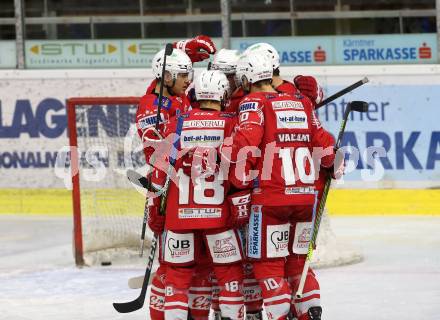 EBEL. Eishockey Bundesliga. KAC gegen	Fehervar AV19. Torjubel Vallant Thomas, Fraser Matthew, Koch Thomas,  Steffler Kele (KAC). Klagenfurt, am 7.2.2021.
Foto: Kuess
www.qspictures.net

---
pressefotos, pressefotografie, kuess, qs, qspictures, sport, bild, bilder, bilddatenbank