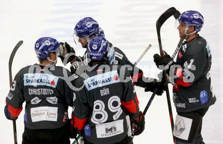 EBEL. Eishockey Bundesliga. VSV gegen HC TWK Innsbruck.  Torjubel Braden Dean Christoffer, Lukas Baer, Adrian Saxrud Danielsen, Samuel Michael Herr  (Innsbruck). Villach, am 7.2.2021.
Foto: Kuess
www.qspictures.net
---
pressefotos, pressefotografie, kuess, qs, qspictures, sport, bild, bilder, bilddatenbank
