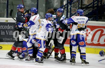 EBEL. Eishockey Bundesliga. VSV gegen HC TWK Innsbruck. Felix Maxa, Jerry Pollastrone, Frederik Allard,   (VSV), Kevin Tansey, Samuel Michael Herr, Christof Kromp (Innsbruck). Villach, am 7.2.2021.
Foto: Kuess
www.qspictures.net
---
pressefotos, pressefotografie, kuess, qs, qspictures, sport, bild, bilder, bilddatenbank