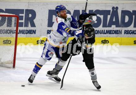EBEL. Eishockey Bundesliga. VSV gegen Dornbirn Bulldogs. Jamie Fraser,   (VSV), Simeon Schwinger (Dornbirn). Villach, am 14.2.2021.
Foto: Kuess
www.qspictures.net
---
pressefotos, pressefotografie, kuess, qs, qspictures, sport, bild, bilder, bilddatenbank