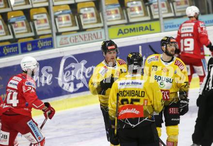 EBEL. Eishockey Bundesliga. KAC gegen	spusu Vienna Capitals.  Torjubel Loney Ty, Nissner Benjamin,  Archibald Darren, (Vienna Capitals). Klagenfurt, am 14.2.2021.
Foto: Kuess
www.qspictures.net

---
pressefotos, pressefotografie, kuess, qs, qspictures, sport, bild, bilder, bilddatenbank