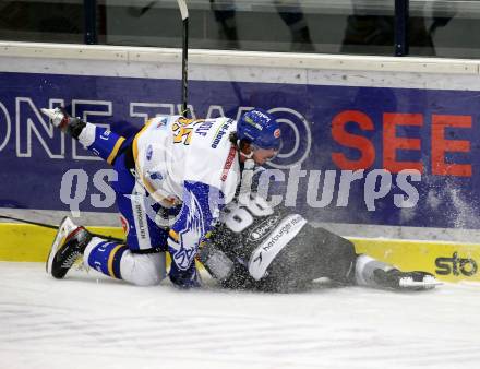 EBEL. Eishockey Bundesliga. VSV gegen Dornbirn Bulldogs. Raphael Wolf,  (VSV), Anthony Luciani  (Dornbirn). Villach, am 14.2.2021.
Foto: Kuess
www.qspictures.net
---
pressefotos, pressefotografie, kuess, qs, qspictures, sport, bild, bilder, bilddatenbank