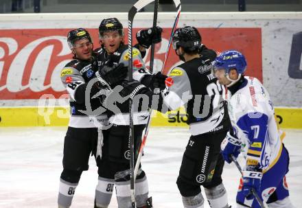 EBEL. Eishockey Bundesliga. VSV gegen Dornbirn Bulldogs.  Torjubel Anthony Luciani, Ramon Schnetzer, Andrew Michael Yogan  (Dornbirn). Villach, am 14.2.2021.
Foto: Kuess
www.qspictures.net
---
pressefotos, pressefotografie, kuess, qs, qspictures, sport, bild, bilder, bilddatenbank
