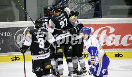 EBEL. Eishockey Bundesliga. VSV gegen Dornbirn Bulldogs.  Torjubel Daniel Woger, Nikita Jevpavlos, Emilio Romig, Henrik Johan Nilsson, Jesper Kokilla  (Dornbirn). Villach, am 14.2.2021.
Foto: Kuess
www.qspictures.net
---
pressefotos, pressefotografie, kuess, qs, qspictures, sport, bild, bilder, bilddatenbank