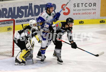 EBEL. Eishockey Bundesliga. VSV gegen Dornbirn Bulldogs. Jordan Caron,   (VSV), Thomas Hoeneckl, Jesper Kokkila (Dornbirn). Villach, am 14.2.2021.
Foto: Kuess
www.qspictures.net
---
pressefotos, pressefotografie, kuess, qs, qspictures, sport, bild, bilder, bilddatenbank