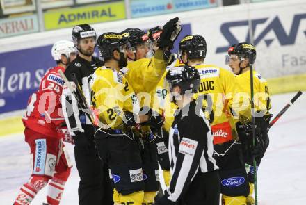 EBEL. Eishockey Bundesliga. KAC gegen	spusu Vienna Capitals.  Torjubel Loney Ty, Nissner Benjamin,  Archibald Darren, Gauthier Leduc Jerome  (Vienna Capitals). Klagenfurt, am 14.2.2021.
Foto: Kuess
www.qspictures.net

---
pressefotos, pressefotografie, kuess, qs, qspictures, sport, bild, bilder, bilddatenbank