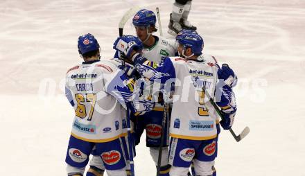 EBEL. Eishockey Bundesliga. VSV gegen Dornbirn Bulldogs. Torjubel Matt Mangene, Scott Kosmachuk, Raphael Wolf, Sahir Gill, Kevin Schmidt  (VSV). Villach, am 14.2.2021.
Foto: Kuess
www.qspictures.net
---
pressefotos, pressefotografie, kuess, qs, qspictures, sport, bild, bilder, bilddatenbank