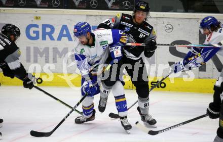 EBEL. Eishockey Bundesliga. VSV gegen Dornbirn Bulldogs.  Matt Mangene,  (VSV), Ramon Schnetzer (Dornbirn). Villach, am 14.2.2021.
Foto: Kuess
www.qspictures.net
---
pressefotos, pressefotografie, kuess, qs, qspictures, sport, bild, bilder, bilddatenbank