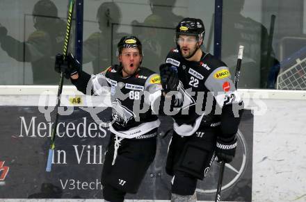 EBEL. Eishockey Bundesliga. VSV gegen Dornbirn Bulldogs.  Torjubel Anthony Luciani, Andrew Michael Yogan  (Dornbirn). Villach, am 14.2.2021.
Foto: Kuess
www.qspictures.net
---
pressefotos, pressefotografie, kuess, qs, qspictures, sport, bild, bilder, bilddatenbank