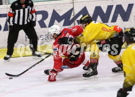 EBEL. Eishockey Bundesliga. KAC gegen	spusu Vienna Capitals. Unterweger Clemens (KAC),  Hackl Dominic (Vienna Capitals). Klagenfurt, am 14.2.2021.
Foto: Kuess
www.qspictures.net

---
pressefotos, pressefotografie, kuess, qs, qspictures, sport, bild, bilder, bilddatenbank