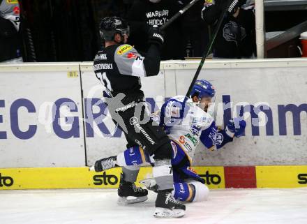 EBEL. Eishockey Bundesliga. VSV gegen Dornbirn Bulldogs. Sahir Gill,  (VSV),  Kevin Macierzynski (Dornbirn). Villach, am 14.2.2021.
Foto: Kuess
www.qspictures.net
---
pressefotos, pressefotografie, kuess, qs, qspictures, sport, bild, bilder, bilddatenbank