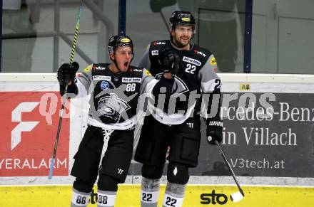 EBEL. Eishockey Bundesliga. VSV gegen Dornbirn Bulldogs.  Torjubel Anthony Luciani, Andrew Michael Yogan  (Dornbirn). Villach, am 14.2.2021.
Foto: Kuess
www.qspictures.net
---
pressefotos, pressefotografie, kuess, qs, qspictures, sport, bild, bilder, bilddatenbank