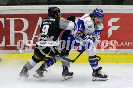 EBEL. Eishockey Bundesliga. VSV gegen Dornbirn Bulldogs. Chris Collins,   (VSV), Emilio Romig (Dornbirn). Villach, am 14.2.2021.
Foto: Kuess
www.qspictures.net
---
pressefotos, pressefotografie, kuess, qs, qspictures, sport, bild, bilder, bilddatenbank