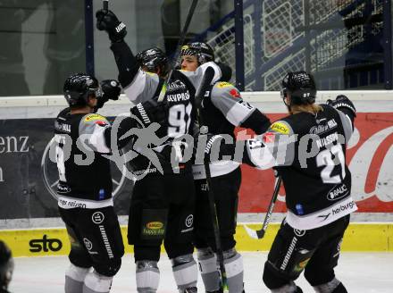 EBEL. Eishockey Bundesliga. VSV gegen Dornbirn Bulldogs.   Torjubel Daniel Woger, Nikita Jevpavlos, Emilio Romig, Henrik Johan Nilsson (Dornbirn). Villach, am 14.2.2021.
Foto: Kuess
www.qspictures.net
---
pressefotos, pressefotografie, kuess, qs, qspictures, sport, bild, bilder, bilddatenbank