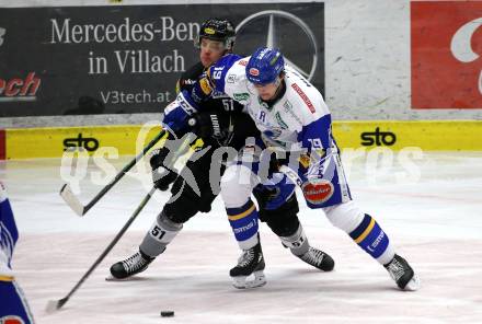 EBEL. Eishockey Bundesliga. VSV gegen Dornbirn Bulldogs. Stefan Bacher,   (VSV), Daniel Woger  (Dornbirn). Villach, am 14.2.2021.
Foto: Kuess
www.qspictures.net
---
pressefotos, pressefotografie, kuess, qs, qspictures, sport, bild, bilder, bilddatenbank