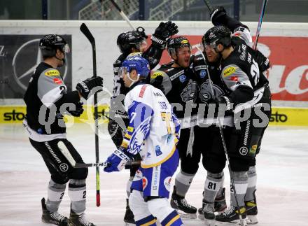 EBEL. Eishockey Bundesliga. VSV gegen Dornbirn Bulldogs.  Torjubel Anthony Luciani, Ramon Schnetzer, Andrew Michael Yogan, Olivier Magnan, William Charles Rapuzzi (Dornbirn). Villach, am 14.2.2021.
Foto: Kuess
www.qspictures.net
---
pressefotos, pressefotografie, kuess, qs, qspictures, sport, bild, bilder, bilddatenbank