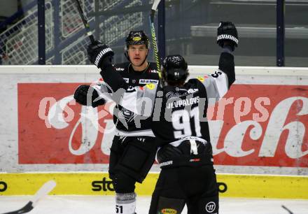 EBEL. Eishockey Bundesliga. VSV gegen Dornbirn Bulldogs.   Torjubel Daniel Woger, Nikita Jevpavlos  (Dornbirn). Villach, am 14.2.2021.
Foto: Kuess
www.qspictures.net
---
pressefotos, pressefotografie, kuess, qs, qspictures, sport, bild, bilder, bilddatenbank