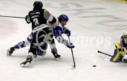 EBEL. Eishockey Bundesliga. VSV gegen Dornbirn Bulldogs.  Martin Ulmer,  (VSV), Jesper Kokkila (Dornbirn). Villach, am 14.2.2021.
Foto: Kuess
www.qspictures.net
---
pressefotos, pressefotografie, kuess, qs, qspictures, sport, bild, bilder, bilddatenbank