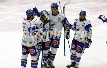 EBEL. Eishockey Bundesliga. VSV gegen Dornbirn Bulldogs.  Torjubel Matt Mangene, Scott Kosmachuk, Raphael Wolf, Sahir Gill,  (VSV). Villach, am 14.2.2021.
Foto: Kuess
www.qspictures.net
---
pressefotos, pressefotografie, kuess, qs, qspictures, sport, bild, bilder, bilddatenbank