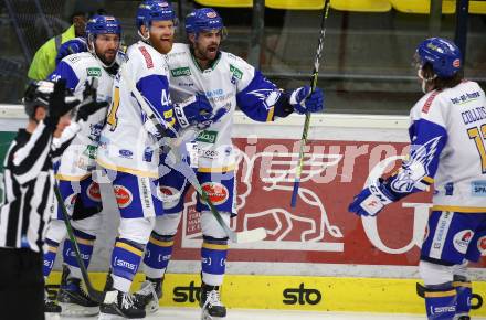 EBEL. Eishockey Bundesliga. VSV gegen Black Wings 1992.  Torjubel Jamie Fraser, Jerry Pollastrone, Matt Mangene, Chris Collins (VSV). Villach, am 14.2.2021.
Foto: Kuess
www.qspictures.net
---
pressefotos, pressefotografie, kuess, qs, qspictures, sport, bild, bilder, bilddatenbank
