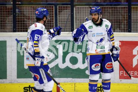 EBEL. Eishockey Bundesliga. VSV gegen Black Wings 1992.  Torjubel Jordan Caron, Sahir Gill (VSV). Villach, am 14.2.2021.
Foto: Kuess
www.qspictures.net
---
pressefotos, pressefotografie, kuess, qs, qspictures, sport, bild, bilder, bilddatenbank