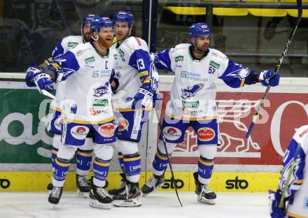 EBEL. Eishockey Bundesliga. VSV gegen Black Wings 1992.  Torjubel Jamie Fraser, Jerry Pollastrone, Matt Mangene, Chris Collins (VSV). Villach, am 14.2.2021.
Foto: Kuess
www.qspictures.net
---
pressefotos, pressefotografie, kuess, qs, qspictures, sport, bild, bilder, bilddatenbank