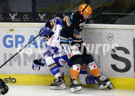 EBEL. Eishockey Bundesliga. VSV gegen Black Wings 1992. Sahir Gill,   (VSV), Sebastien Piche (Linz). Villach, am 14.2.2021.
Foto: Kuess
www.qspictures.net
---
pressefotos, pressefotografie, kuess, qs, qspictures, sport, bild, bilder, bilddatenbank