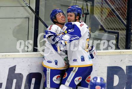 EBEL. Eishockey Bundesliga. VSV gegen Black Wings 1992.  Torjubel Scott Kosmachuk, Jordan Caron (VSV). Villach, am 14.2.2021.
Foto: Kuess
www.qspictures.net
---
pressefotos, pressefotografie, kuess, qs, qspictures, sport, bild, bilder, bilddatenbank