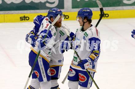 EBEL. Eishockey Bundesliga. VSV gegen Black Wings 1992.  Torjubel Jamie Fraser, Jerry Pollastrone, Renars Krastenbergs (VSV). Villach, am 14.2.2021.
Foto: Kuess
www.qspictures.net
---
pressefotos, pressefotografie, kuess, qs, qspictures, sport, bild, bilder, bilddatenbank
