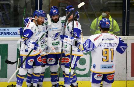 EBEL. Eishockey Bundesliga. VSV gegen Black Wings 1992.  Torjubel Jerry Pollastrone, Matt Mangene, Chris Collins, Jamie Fraser, Renars Krastenbergs (VSV). Villach, am 14.2.2021.
Foto: Kuess
www.qspictures.net
---
pressefotos, pressefotografie, kuess, qs, qspictures, sport, bild, bilder, bilddatenbank